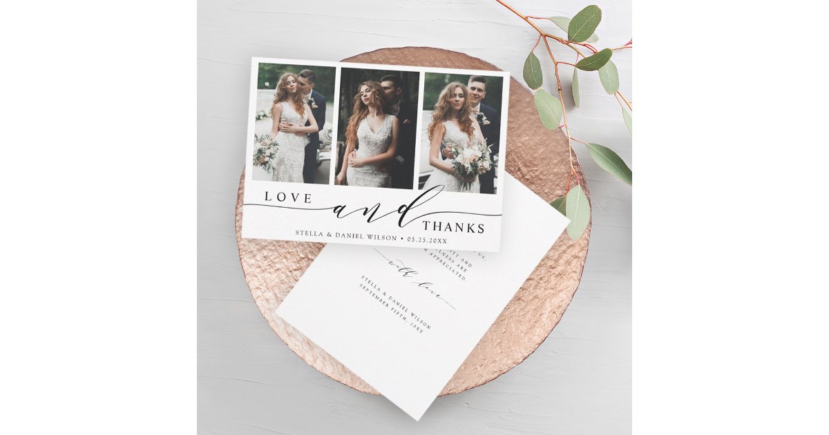 Modern Love and Thanks 3 Photo Wedding Thank You Card | Zazzle