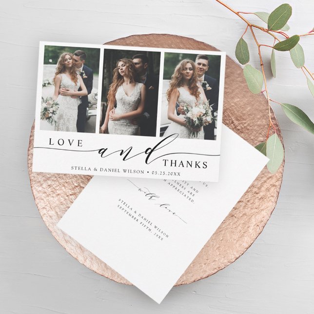Modern Love and Thanks 3 Photo Wedding Thank You Card (Creator Uploaded)