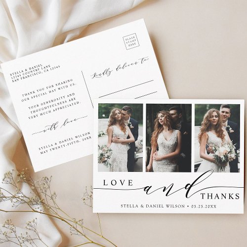 Modern Love and Thanks 3 Photo Wedding Thank You Postcard