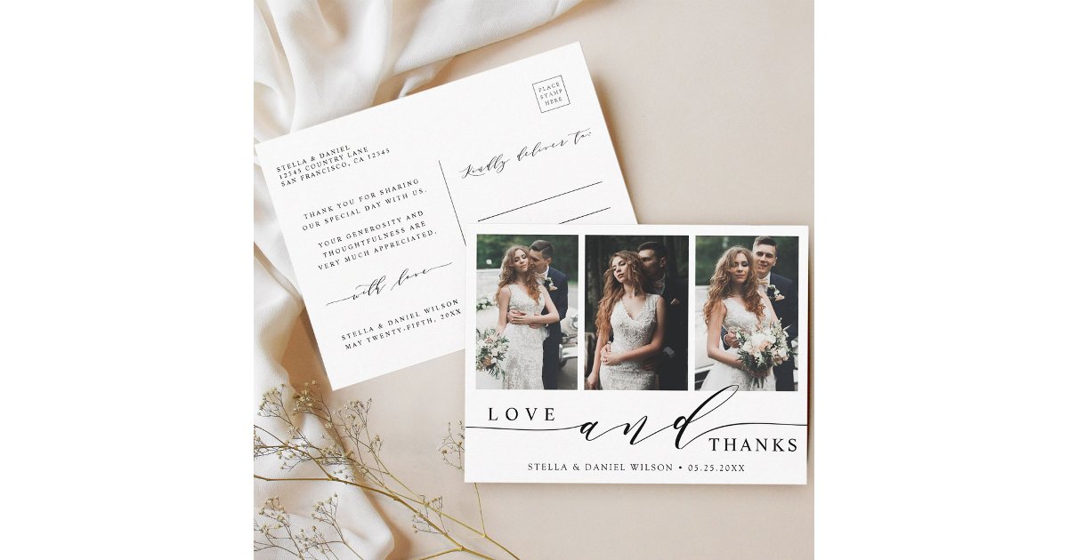 Modern Love and Thanks 3 Photo Wedding Thank You Postcard | Zazzle