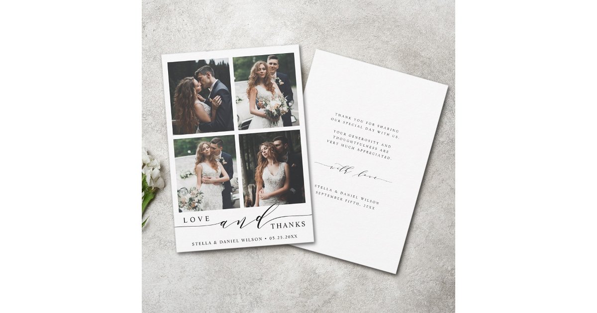Modern Love and Thanks 4 Photo Wedding Thank You Card | Zazzle