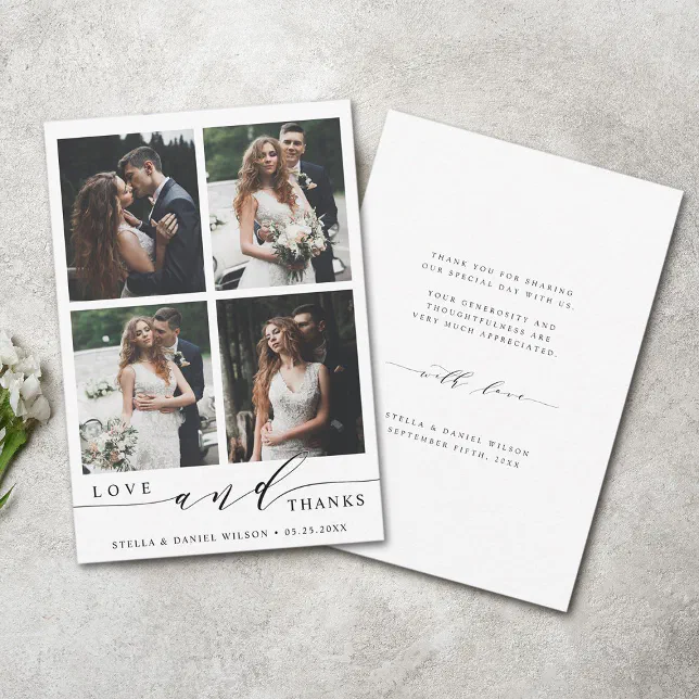 Modern Love and Thanks 4 Photo Wedding Thank You Card | Zazzle