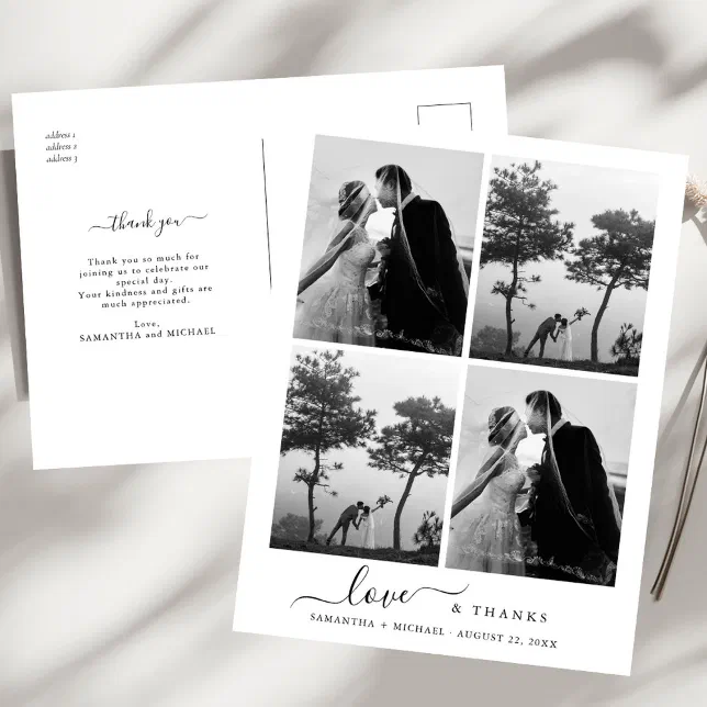 Modern Love and Thanks 4 Photo Wedding Thank You Postcard | Zazzle