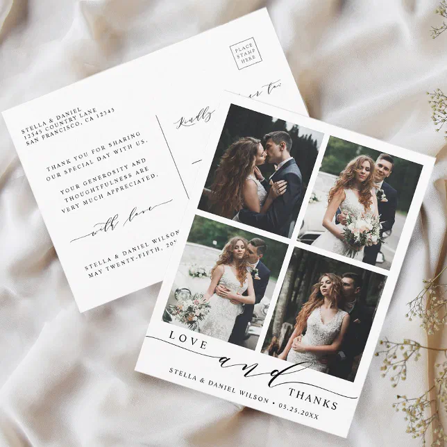 Modern Love and Thanks 4 Photo Wedding Thank You Postcard | Zazzle
