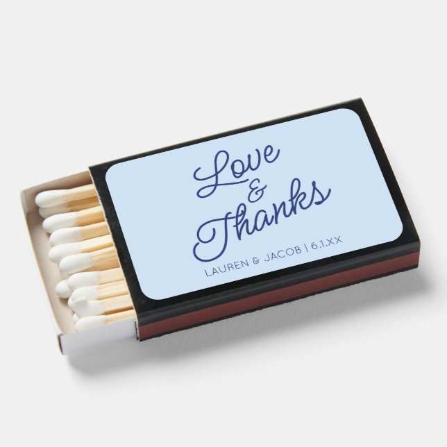 Modern Love and Thanks Blue Wedding Matchboxes (Front Open)