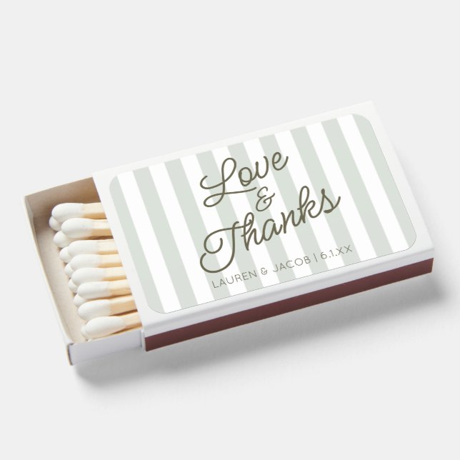 Modern Love and Thanks Green Stripes Wedding Matchboxes (Front Open)