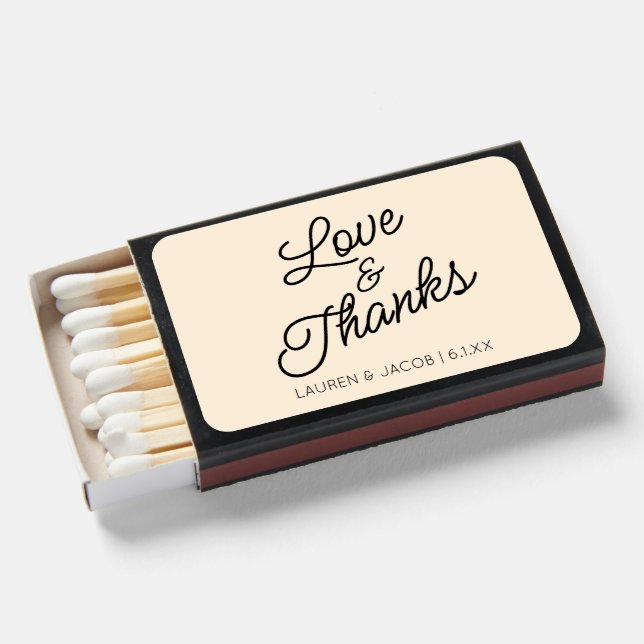 Modern Love and Thanks Light Champagne Wedding Matchboxes (Front Open)
