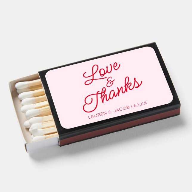 Modern Love and Thanks Pink and Red Wedding Matchboxes (Front Open)