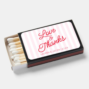 Modern Love and Thanks Red Pink Stripes Wedding Matchboxes