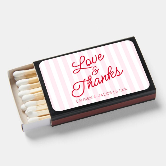 Modern Love and Thanks Red Pink Stripes Wedding Matchboxes (Front Open)