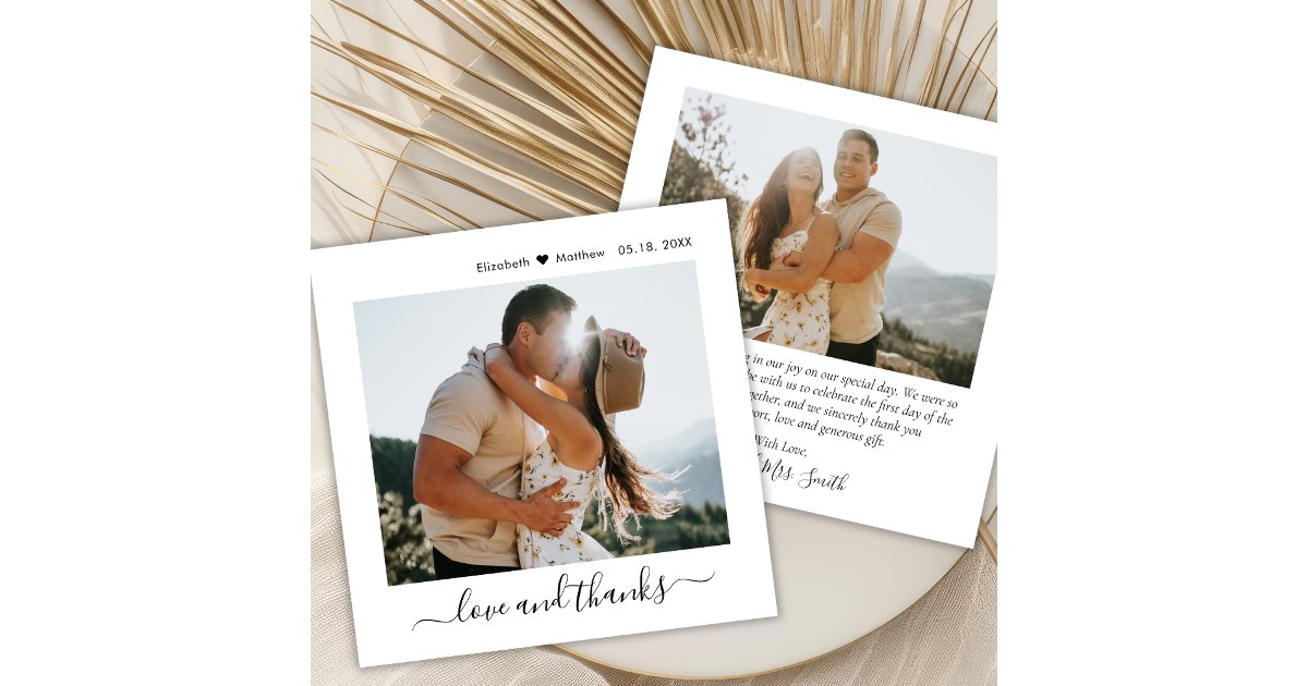 Modern Love and Thanks Script 2 Photo Wedding Thank You Card | Zazzle