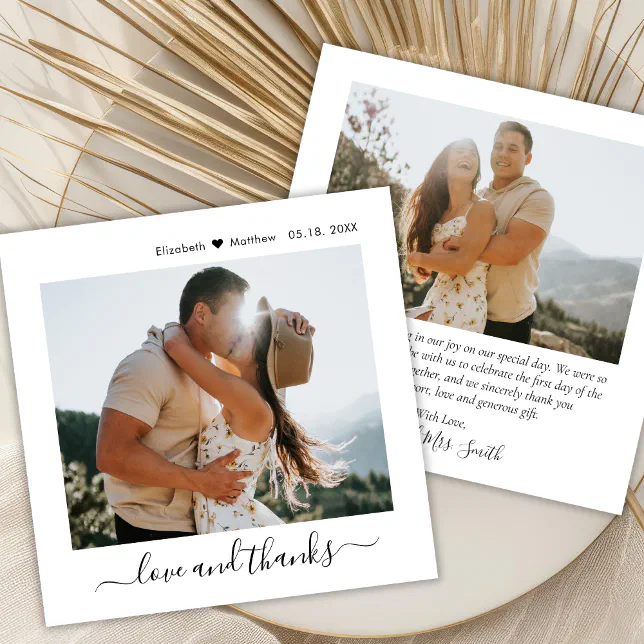 Modern Love and Thanks Script 2 Photo Wedding Thank You Card | Zazzle