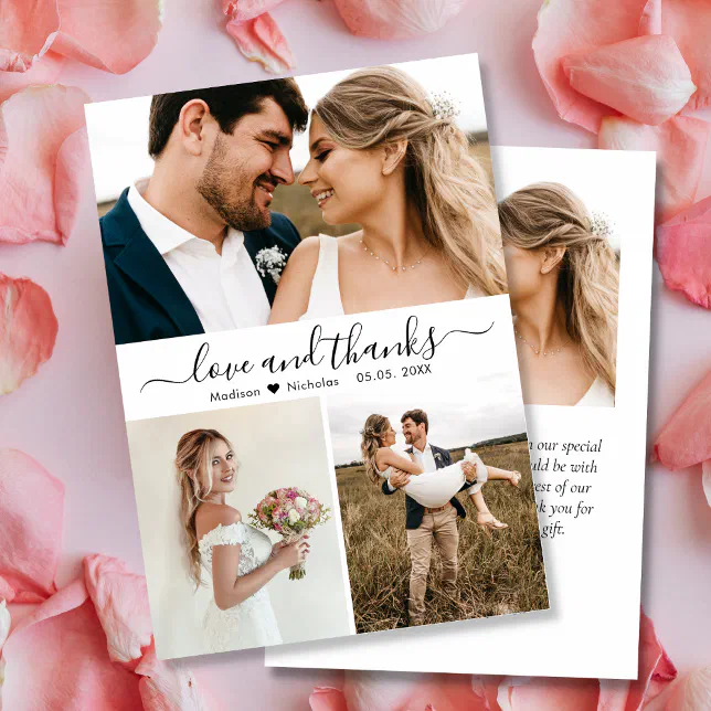 Modern Love and Thanks Script Collage Wedding Thank You Card | Zazzle
