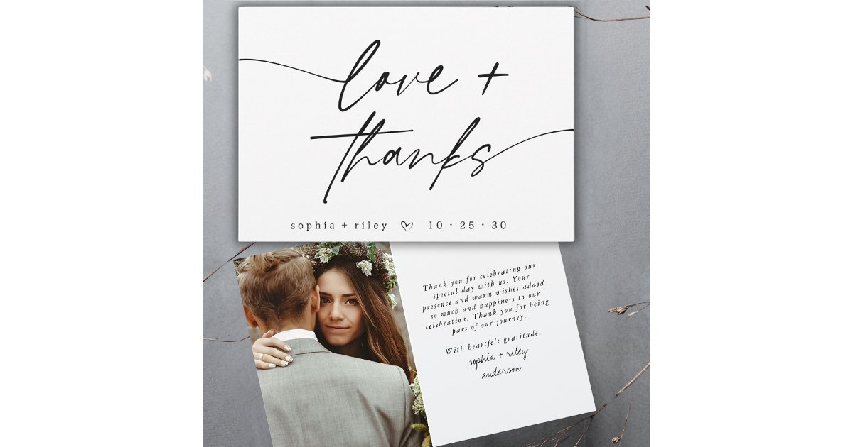 Modern Love and Thanks Script Heart Photo Wedding Thank You Card | Zazzle