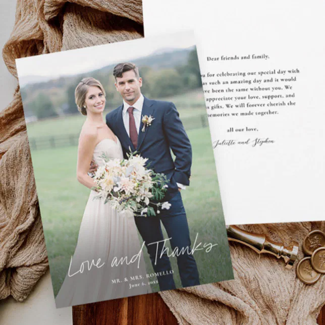 Modern Love and Thanks Script Photo Wedding Thank You Card | Zazzle
