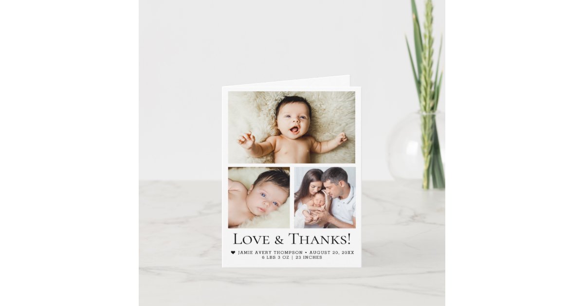 Modern Love and Thanks three photos baby birth Thank You Card | Zazzle