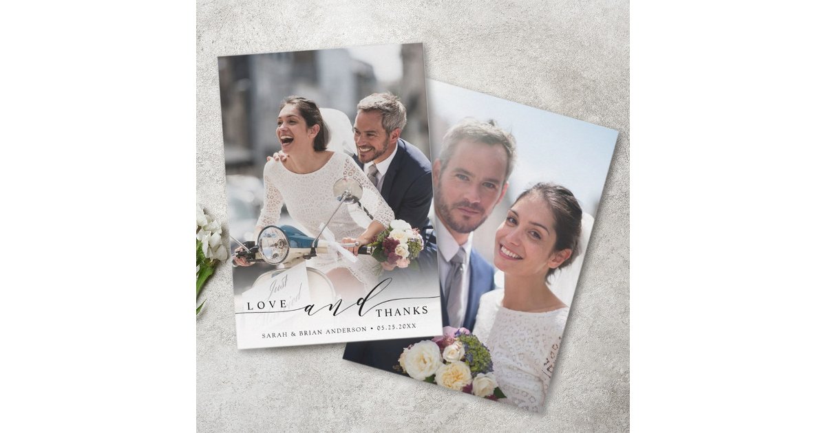 Modern Love and Thanks Wedding 2 Photo Thank You Card | Zazzle