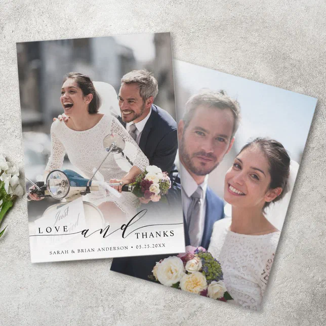 Modern Love and Thanks Wedding 2 Photo Thank You Card | Zazzle