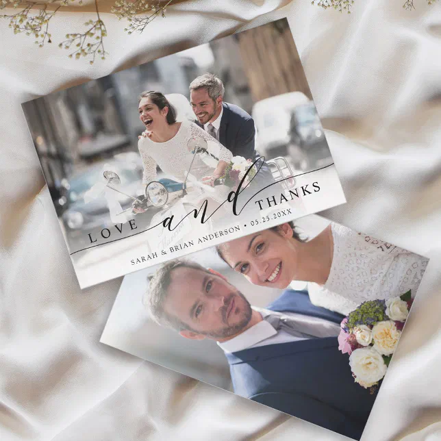 Modern Love and Thanks Wedding 2 Photo Thank You Card | Zazzle