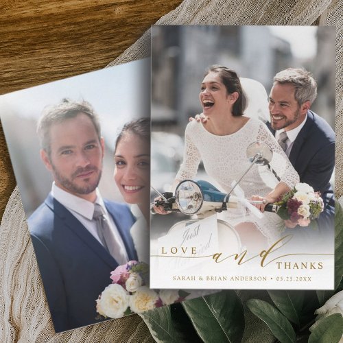 Modern Love and Thanks Wedding Photo Gold Thank You Card