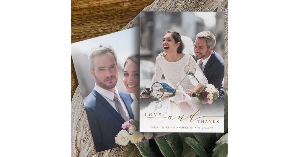 Modern Love and Thanks Wedding Photo Gold Thank You Card | Zazzle