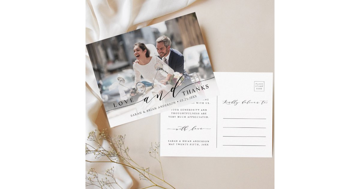 Modern Love and Thanks Wedding Photo Thank You Postcard | Zazzle