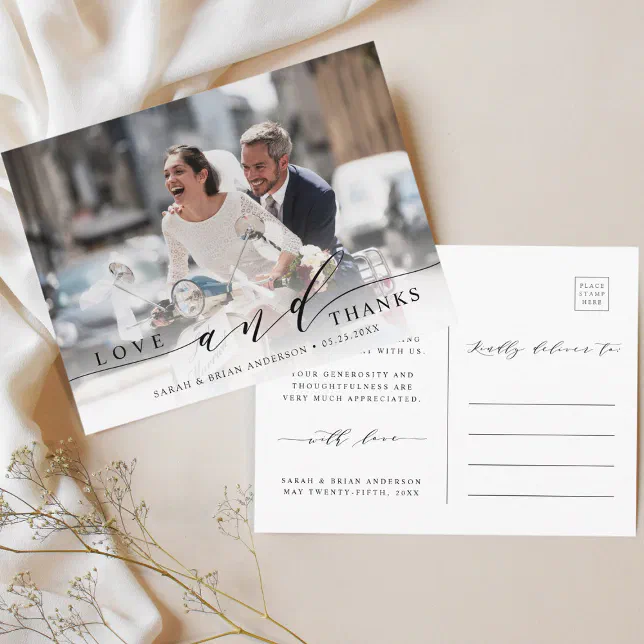 Modern Love and Thanks Wedding Photo Thank You Postcard | Zazzle
