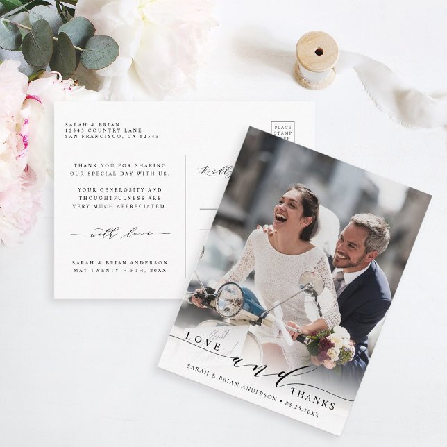 Modern Love and Thanks Wedding Photo Thank You Postcard (Front & Back)