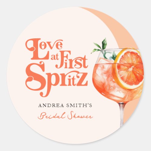 Modern Love at First Spritz Retro Bridal Shower  Classic Round Sticker