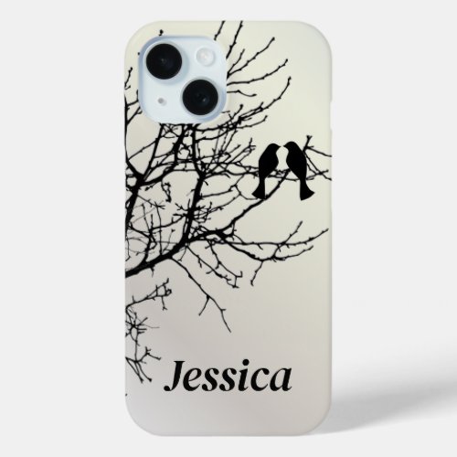 modern love birds black and white tree initials iPhone 15 case
