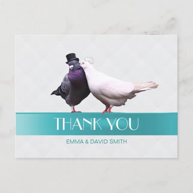 Modern Love Birds Blue Ribbon Thank You Postcard | Zazzle