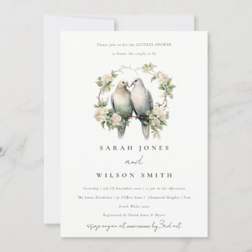 Modern Love Birds Botanical Wreath Couples Shower Invitation