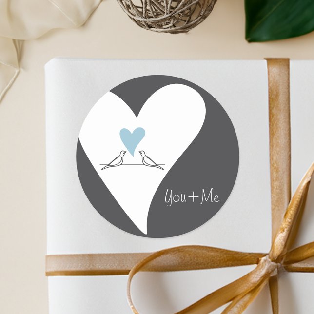Modern Love Birds Light Blue Heart Wedding Favor Classic Round Sticker (Creator Uploaded)