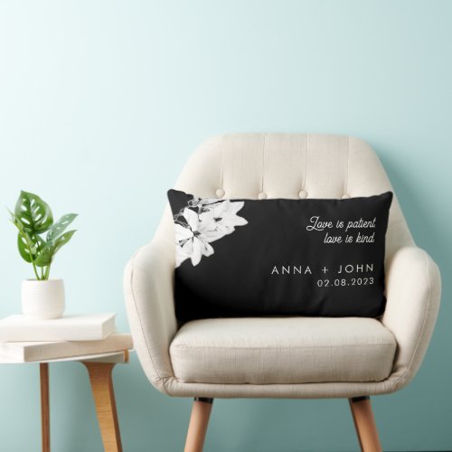 Modern Love Black Magnolia Floral Wedding Keepsake Lumbar Pillow