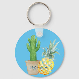 Modern Love Blue Pineapple and Cactus Keychain