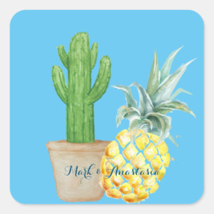 Modern Love Blue Pineapple and Cactus  Square Sticker