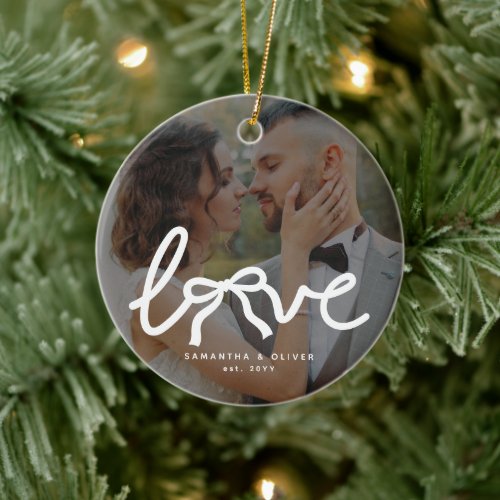 Modern Love Bow Custom Couples Wedding Photo Ceramic Ornament
