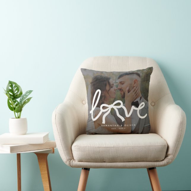 Modern Love Bow Custom Couples Wedding Photo Throw Pillow (Chair)
