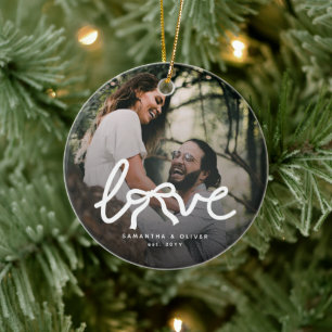 Modern Love Bow Typography Couple Custom Photo Ceramic Ornament