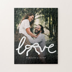 Modern Love Bow Typography Couple Custom Photo Jigsaw Puzzle
