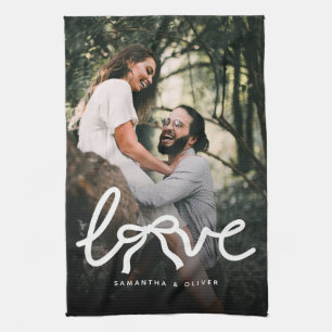 Modern Love Bow Typography Couple Custom Photo Kitchen Towel