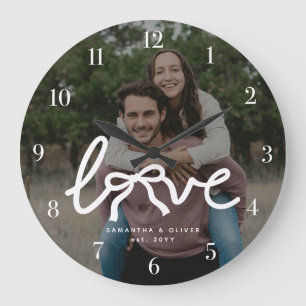 Modern Love Bow Typography Couple Custom Photo Large Clock