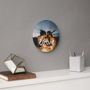Modern Love Bow Typography Couple Custom Photo Round Clock