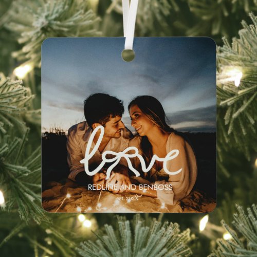 Modern Love Bow Typography Couple Custom Photo Wat Metal Ornament