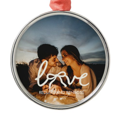 Modern Love Bow Typography Couple Custom Photo Wat Metal Ornament