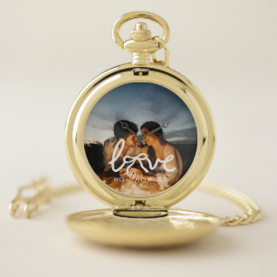 Modern Love Bow Typography Couple Custom Photo Wat Pocket Watch