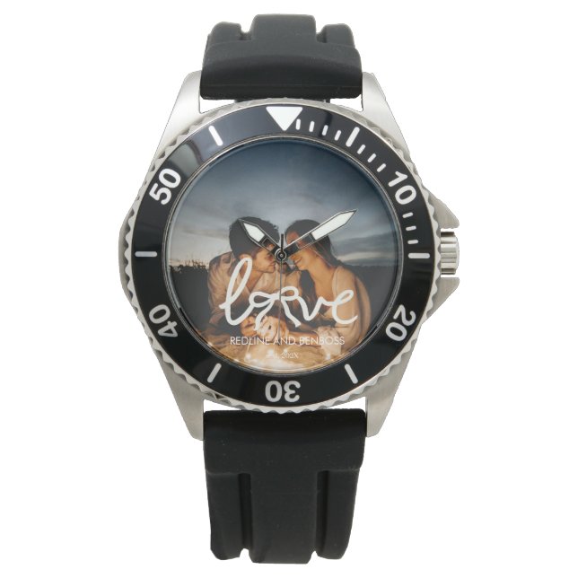 Modern Love Bow Typography Couple Custom Photo Wat Watch (Front)