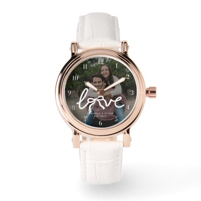 Modern Love Bow Typography Couple Custom Photo Watch (Front)