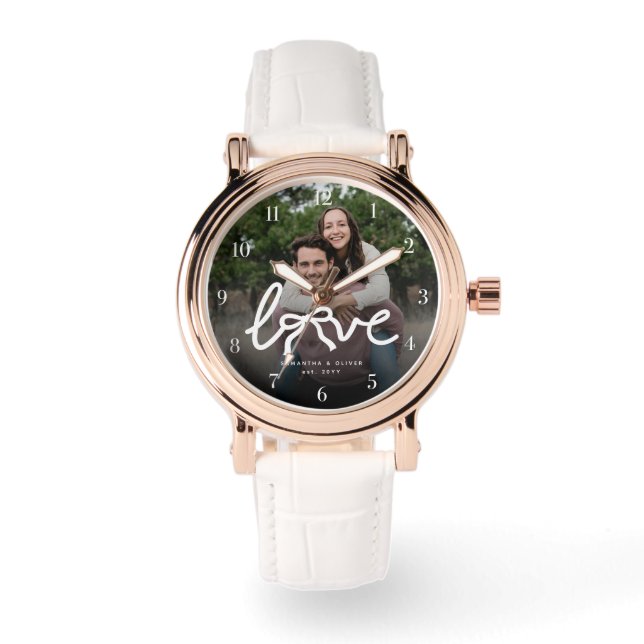 Modern Love Bow Typography Couple Custom Photo Watch (Front)