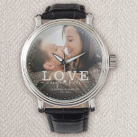 Modern Love conquers all Wedding Photo Script Watch<br><div class="desc">Modern chic photo watch with hand lettered script and modern typography reading:' Love conquers all 'alongside your custom names and wedding date. Personalize with your favorite photo and information. Great gift for newlyweds or Valentine's Day!</div>